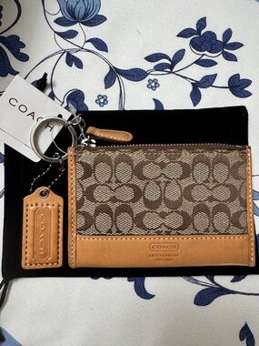 Coach Brown Signature Canvas Card Case with Tan Leather Trim and Key Ring NWT